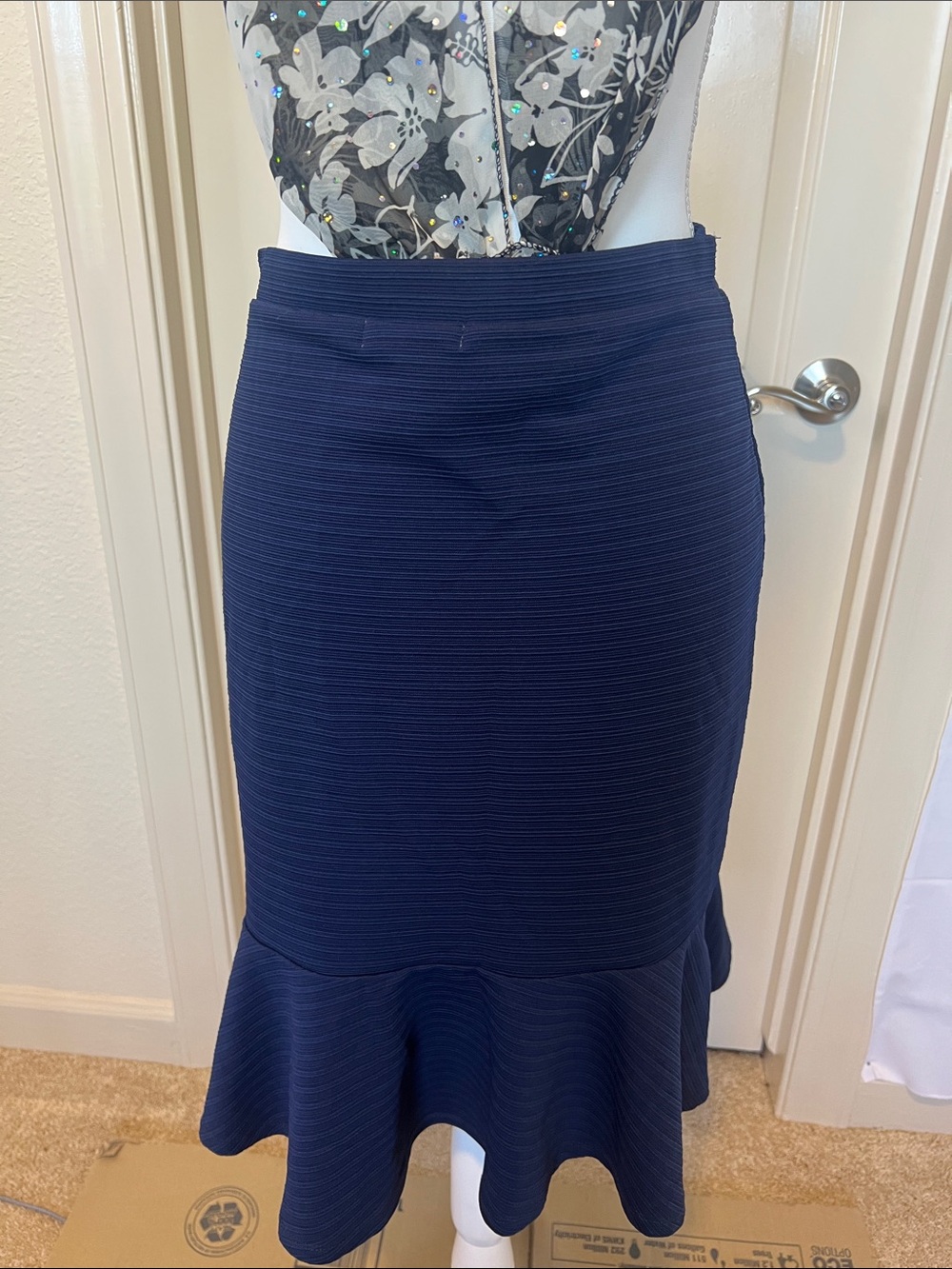 Women's Navy Ribbed Pencil Skirt with Flounce Hem